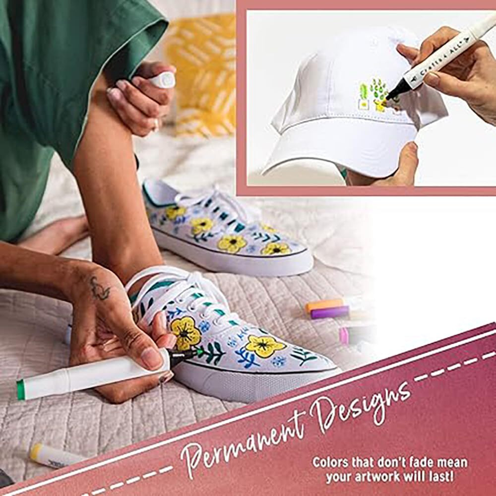 Crafts 4 All Fabric Markers Permanent Non Bleed-12 Pack Bright Dual Tip Stained Fine Writers Art Fabric Pens Child Safe,Water-Based & Non-Toxic.