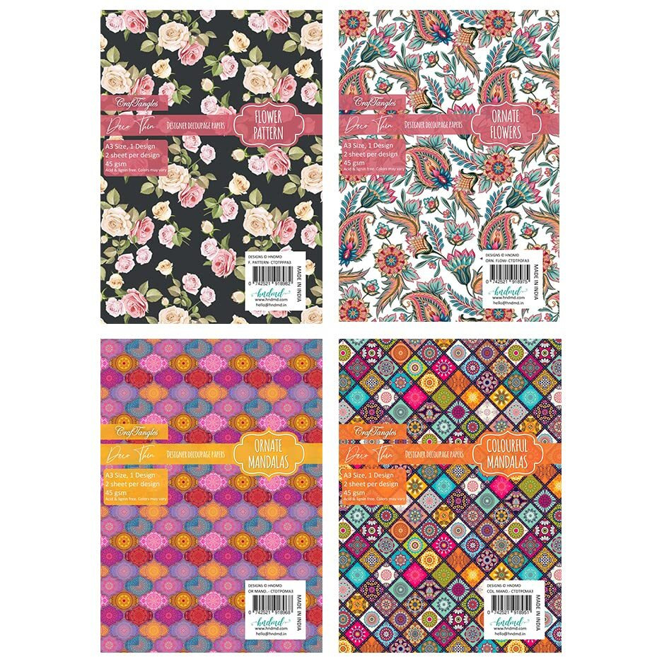 Craftangles Decoupage Paper For Craft, Deco Thin (45 Gsm) - 8 Pcs, Size - A3, Flower Pattern, Ornate Flowers, Ornate Mandalas And Colurful Mandalas (2 Per Design)