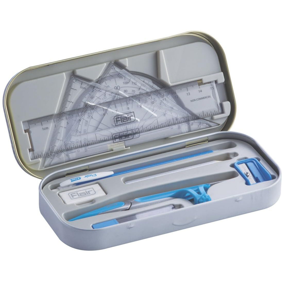 Flair Einstein Mathematical Drawing Instrument Box | Double Sided Tray | Free 0.7 Mm Mechanical Pencil With 10 X Leads | Rust Resistant Instrument Box, Handy Storage Box For Students | Grey, Pack Of 1