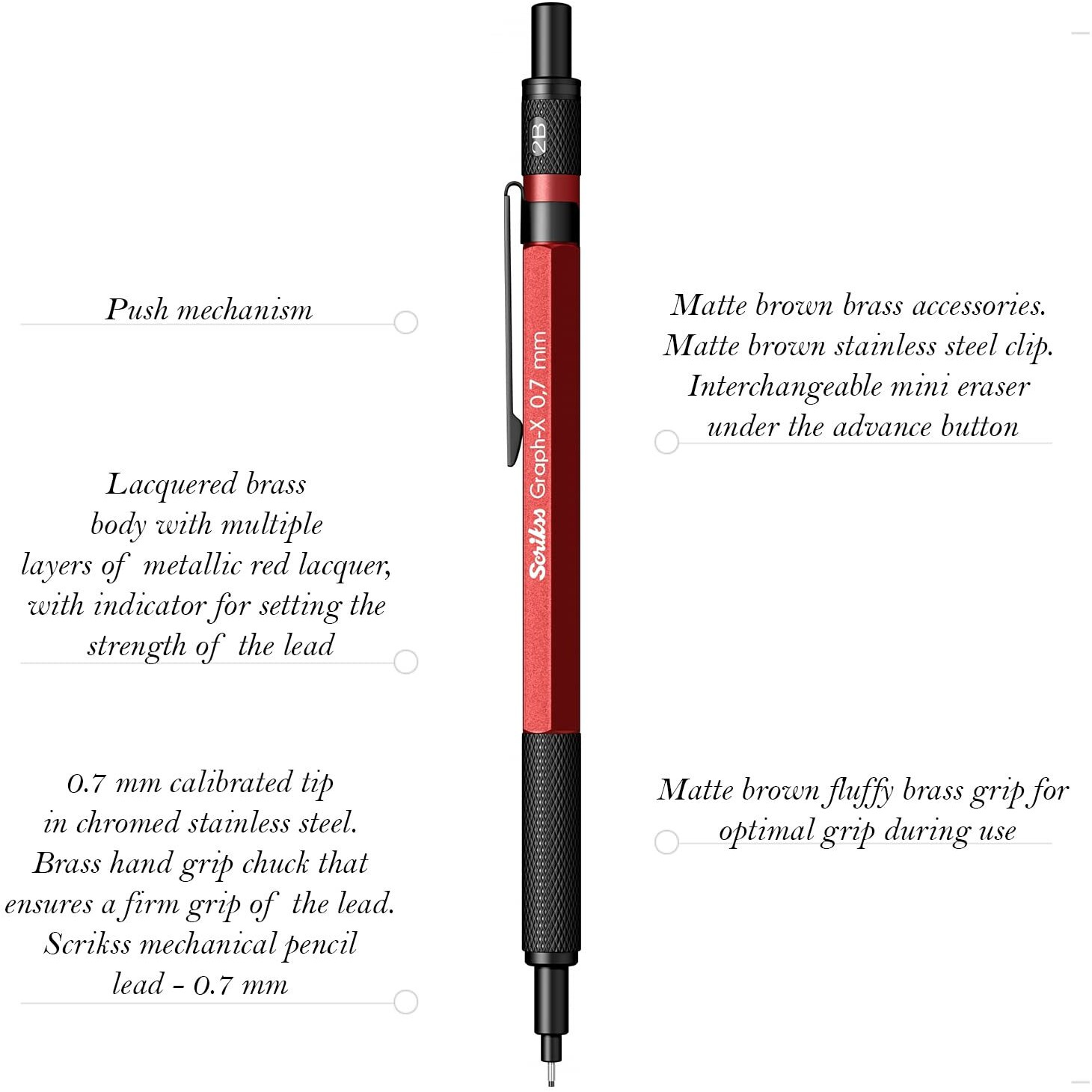 Scrikss 0.7Mm Mechanical Clutch Lead Pen Pencil Red Brass Body Push Mechanism Graph-X Series Eraser Included