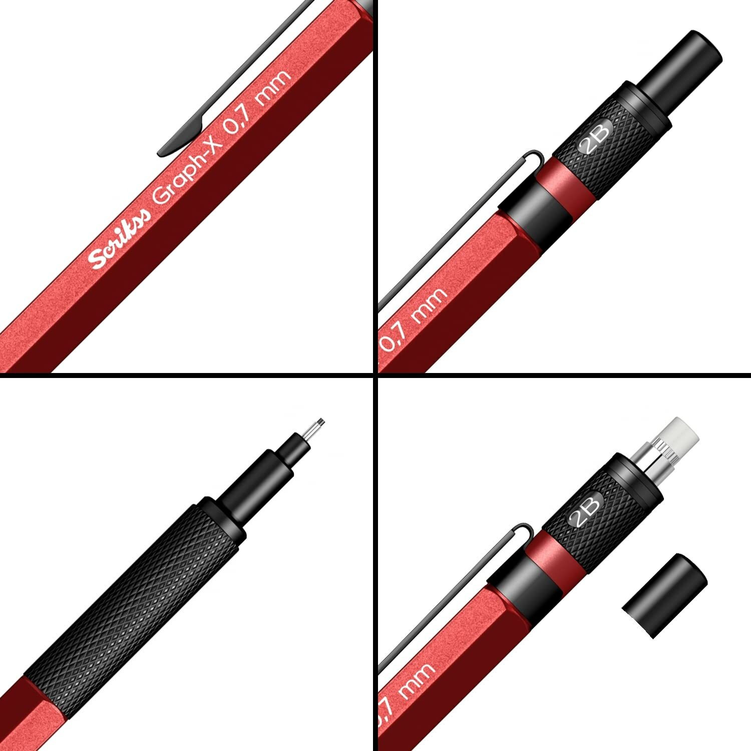 Scrikss 0.7Mm Mechanical Clutch Lead Pen Pencil Red Brass Body Push Mechanism Graph-X Series Eraser Included