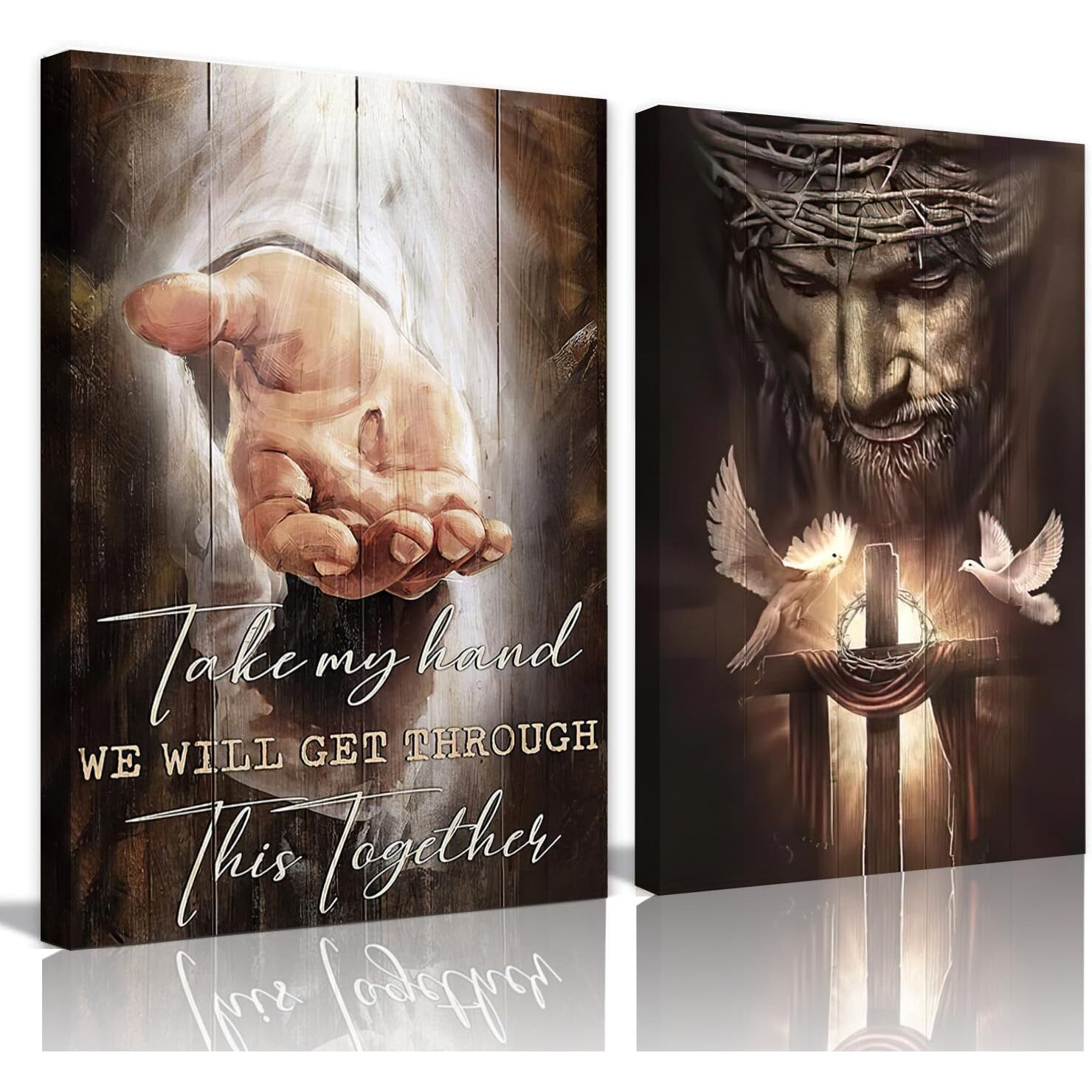 2Pcs Framed Jesus Christian Wall Art And 'Hand Of God' Bible Verse Canvas Wall Art For Living Room Bedroom Church Decoration And Decor Gifts Ready To Hang12X16In