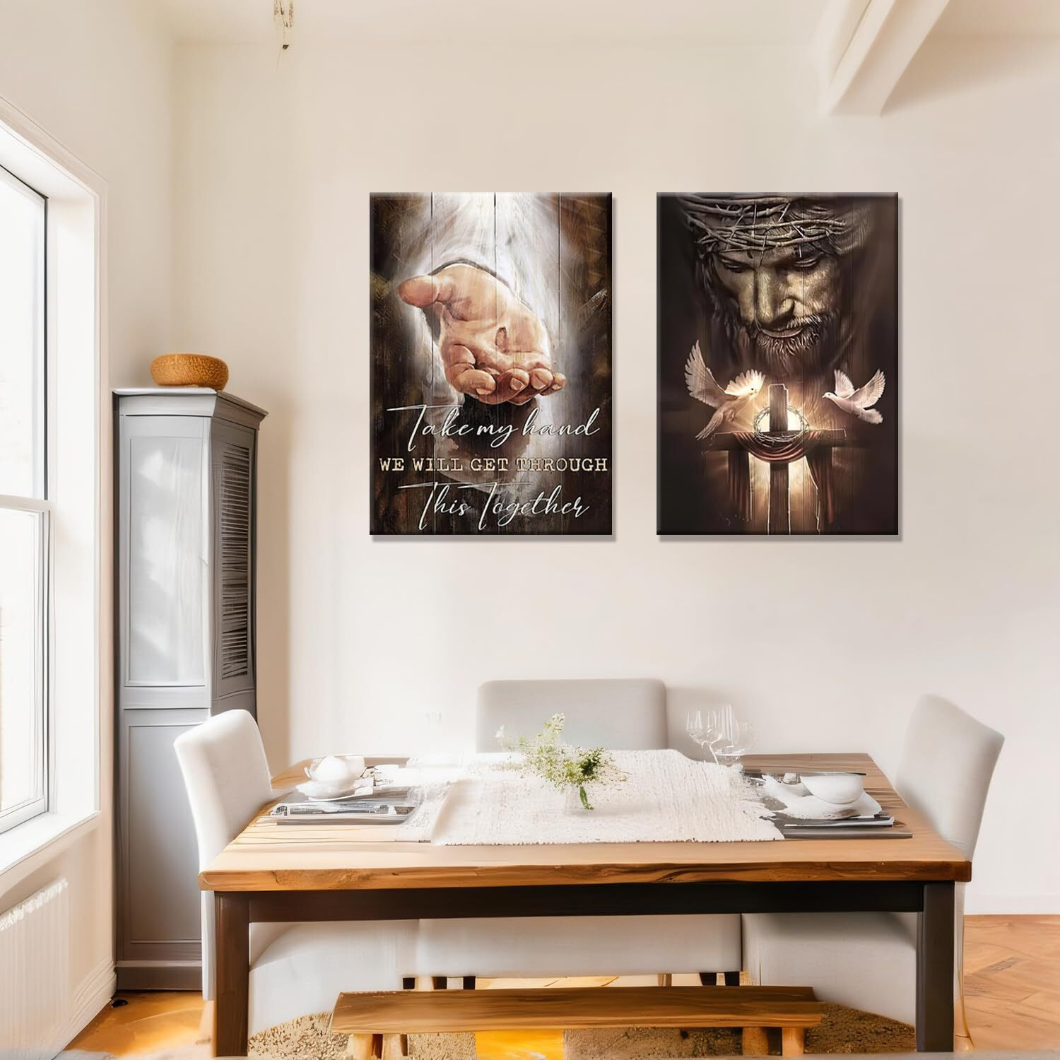 2Pcs Framed Jesus Christian Wall Art And 'Hand Of God' Bible Verse Canvas Wall Art For Living Room Bedroom Church Decoration And Decor Gifts Ready To Hang12X16In