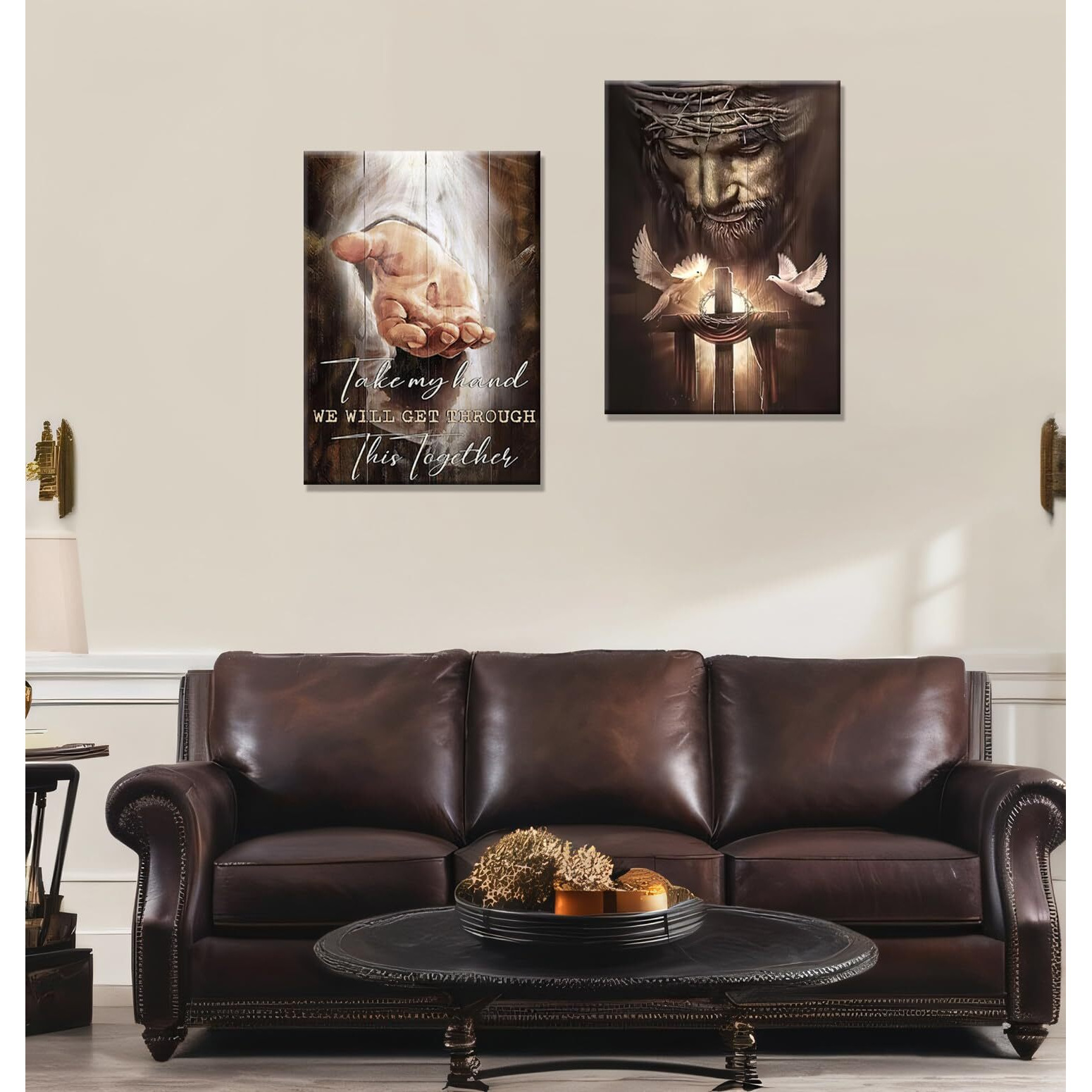 2Pcs Framed Jesus Christian Wall Art And 'Hand Of God' Bible Verse Canvas Wall Art For Living Room Bedroom Church Decoration And Decor Gifts Ready To Hang12X16In