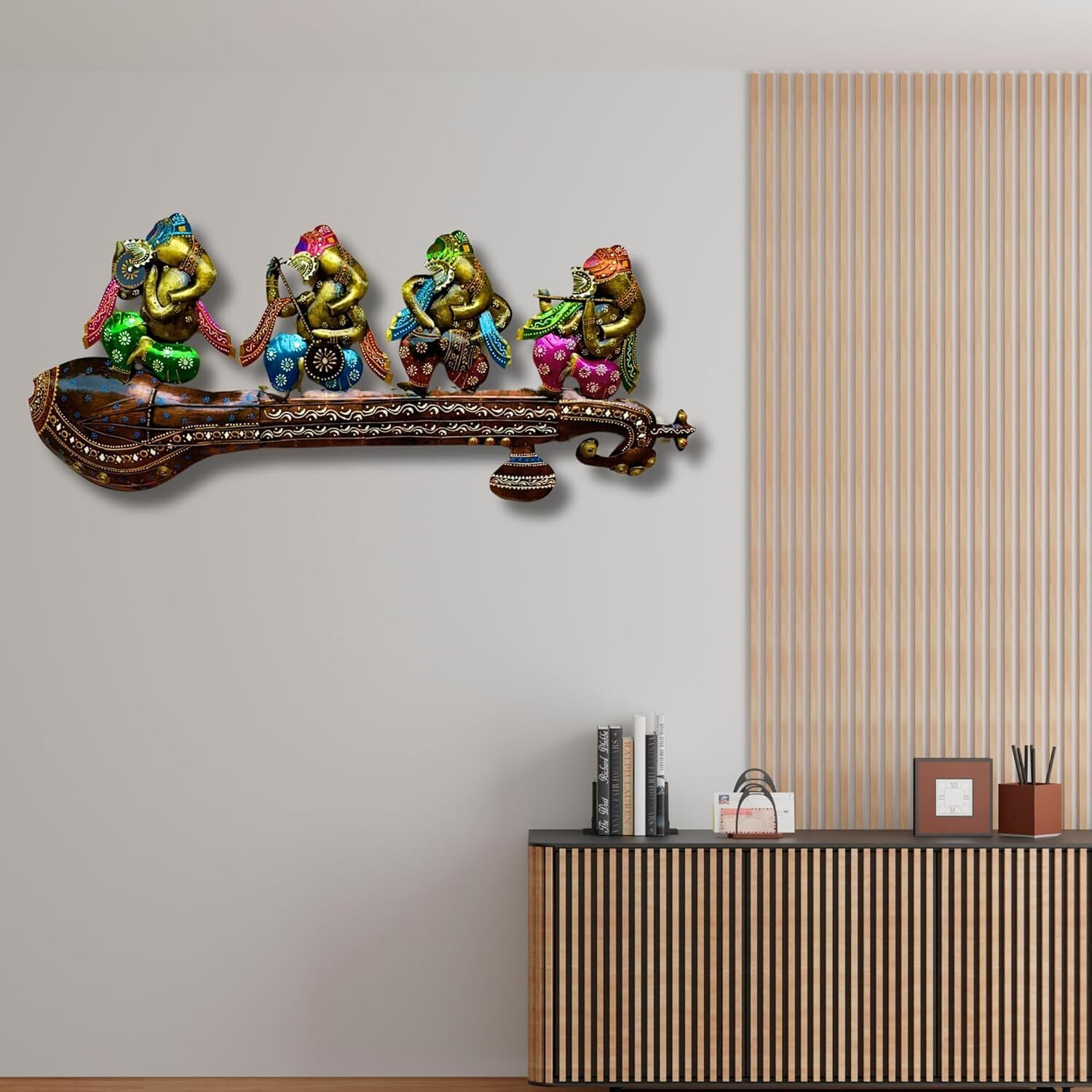 Rsn Metal Lord Ganesha Playing Instruments Metal Wall Decor/Wall Sculpture/Wall Hanging For Home Decoration Perfect For Living Room With Led (Size 46X19 Inch)