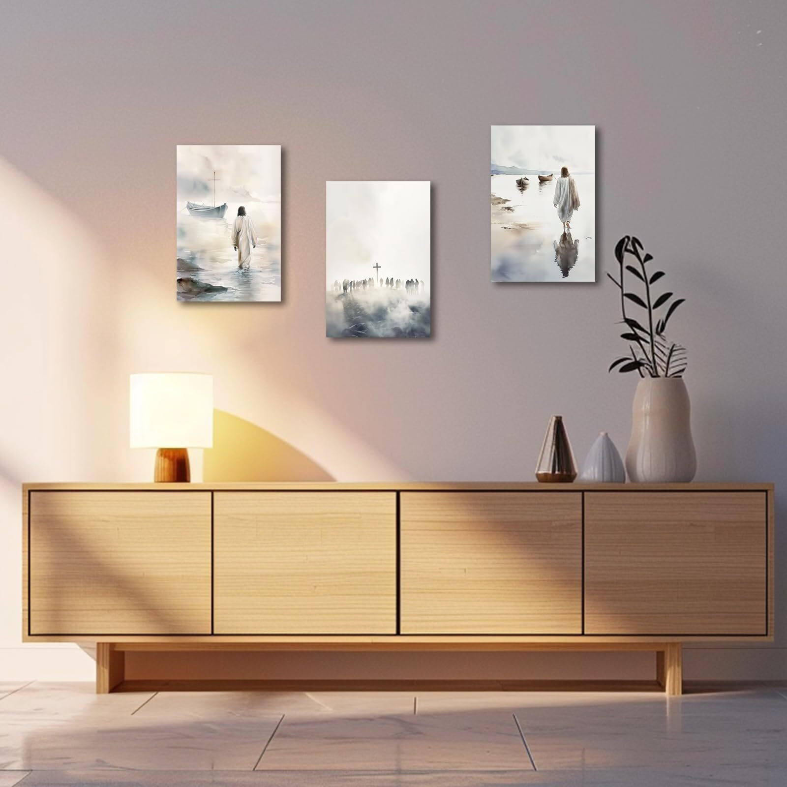 Swqylb Jesus Wall Art Christian Canvas Wall Decor 3 Pieces God Walking On Water Picture Prints Jesus Cross Poster Religious Artwork Church Decor Framed (Brown, 12.00" X 16.00" X 3Pcs)