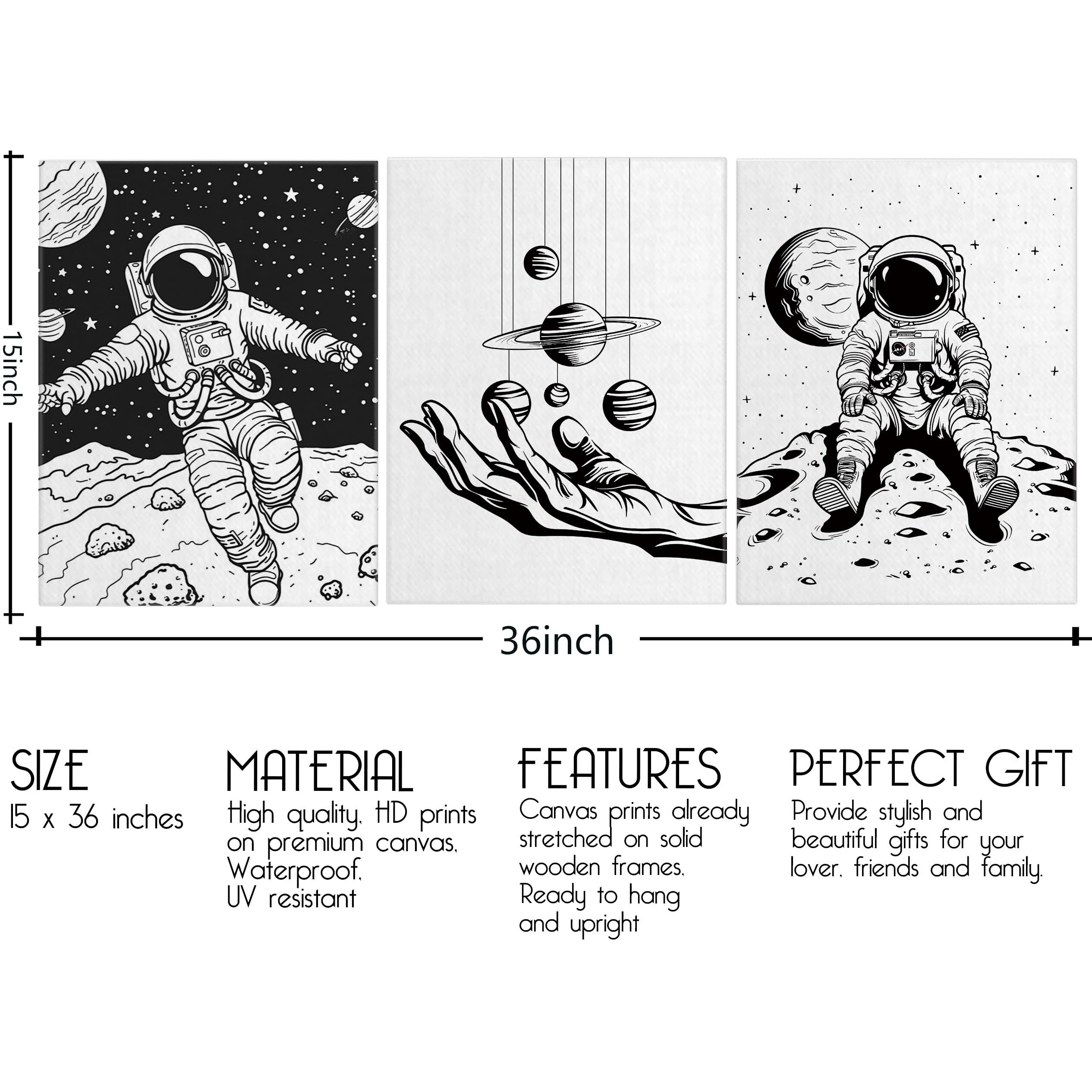Wkyaer 3 Pieces Canvas Wall Art, Creative Astronaut And Outer Space Poster Prints, Artwork For Home Office, Space Room Bedroom, Teen Boy Girl Room Decor