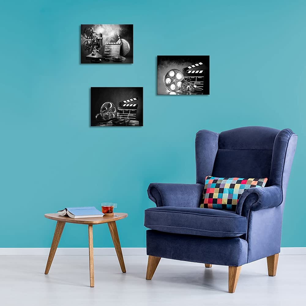3 Piece Black And White Canvas Wall Art Filmmaking Concept Scene Pictures Classic Old Fashion Film Reels Poster Artwork For Bar Pub Home Movie Theater Media Room Decor Ready To Hang 12X16Inchx3Pcs