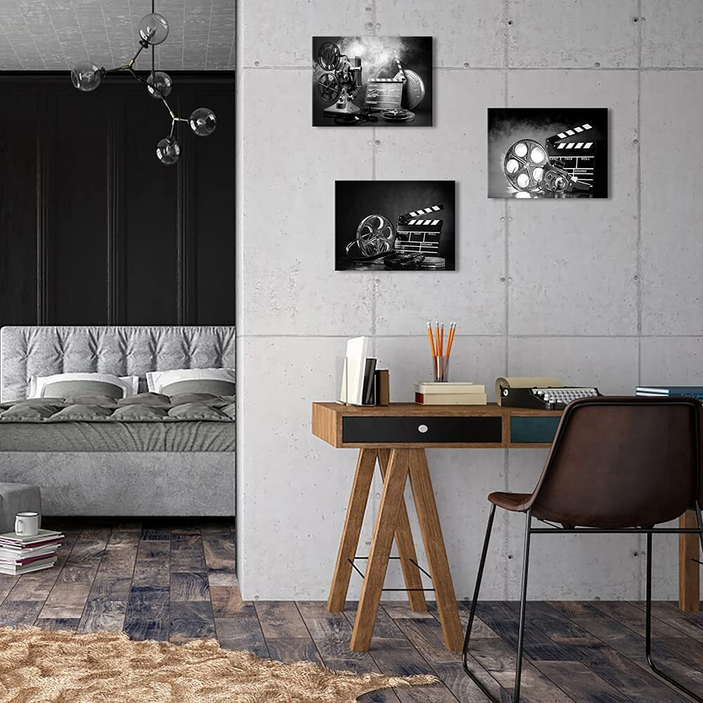 3 Piece Black And White Canvas Wall Art Filmmaking Concept Scene Pictures Classic Old Fashion Film Reels Poster Artwork For Bar Pub Home Movie Theater Media Room Decor Ready To Hang 12X16Inchx3Pcs