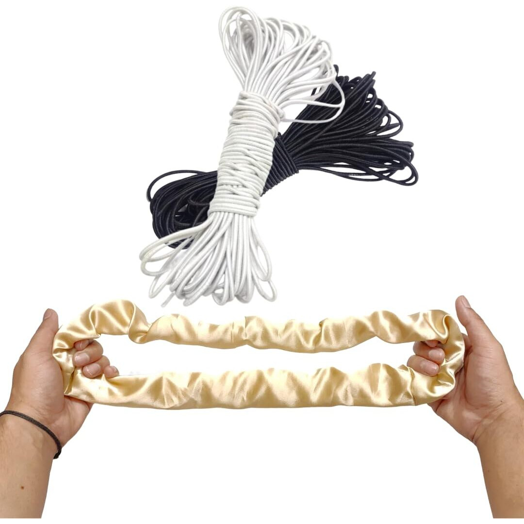 Dvabeautyshop Round Elastic Cord For Making Scrunchies, 1.5 To 2.0 Mm Width (Black, White, 50 Meter)