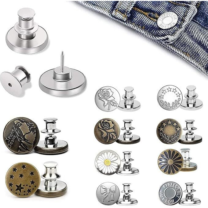 Bhuma 2 Pc's Detachable Button For Jeans - 5 Styles No Sew Metal Buttons For Denims - Waist Extender Removable Reusable Instant Button Without Sewing For Trousers, Pants, Bags, Skirt