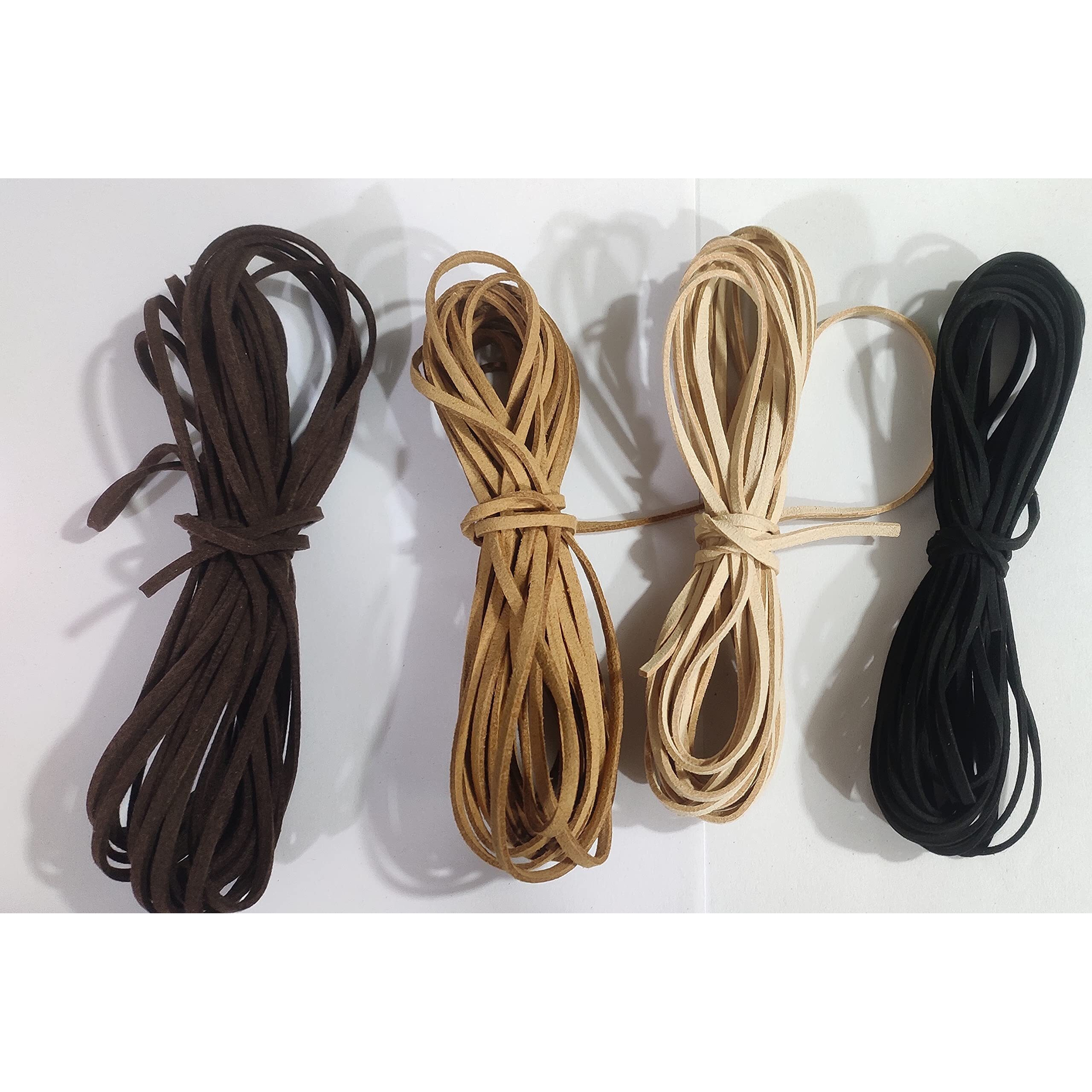 Omx Flat Leather Lace Beading Thread Faux Suede Cord String | Diy Beading Jewellery Making Arts Crafts (5 Mtr Each Colour - Total 20 Mtr, Black, Skin Brown, Lt Brown, Dk Brown)