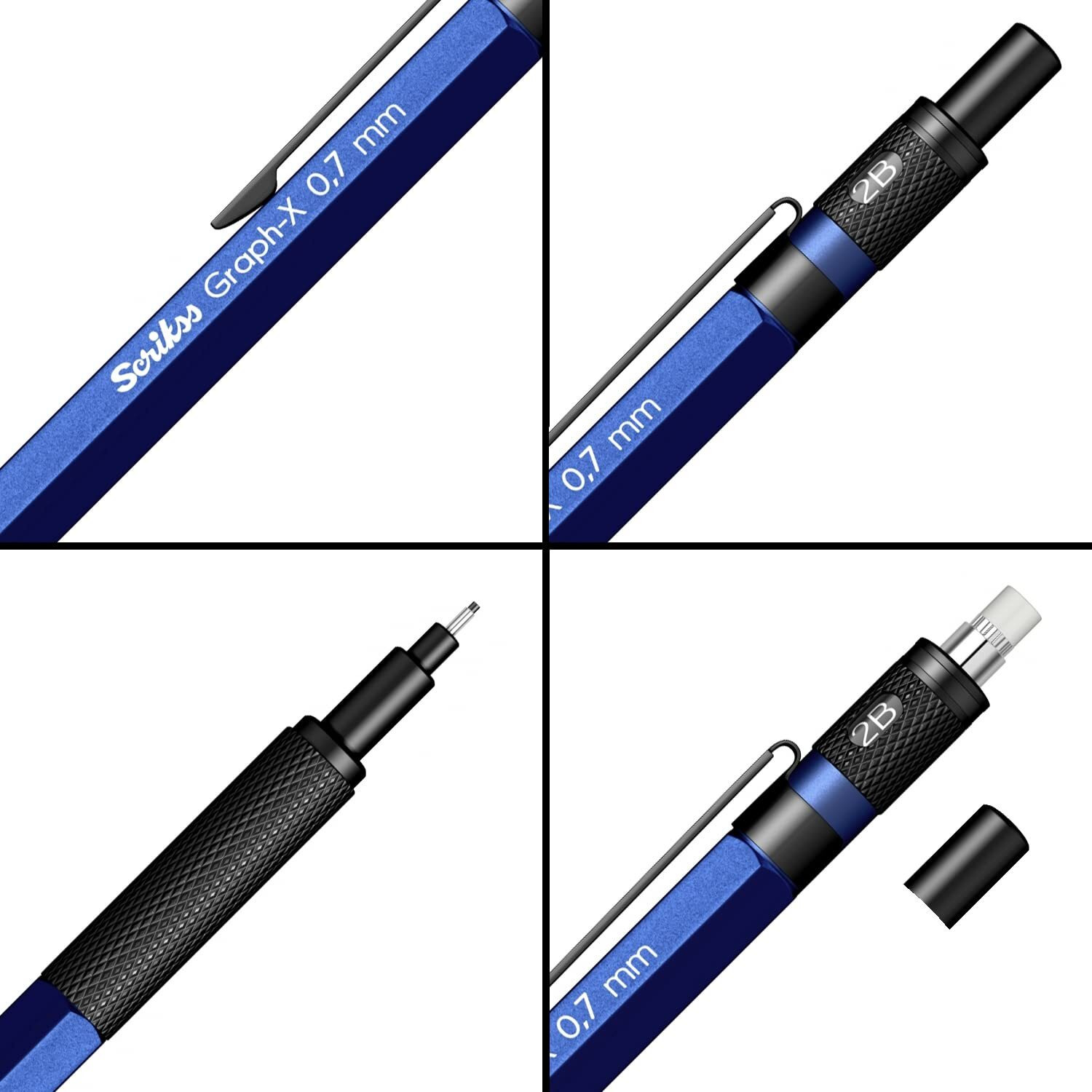 Scrikss 0.7Mm Mechanical Clutch Lead Pen Pencil Blue Body Graph-X Series Eraser Included