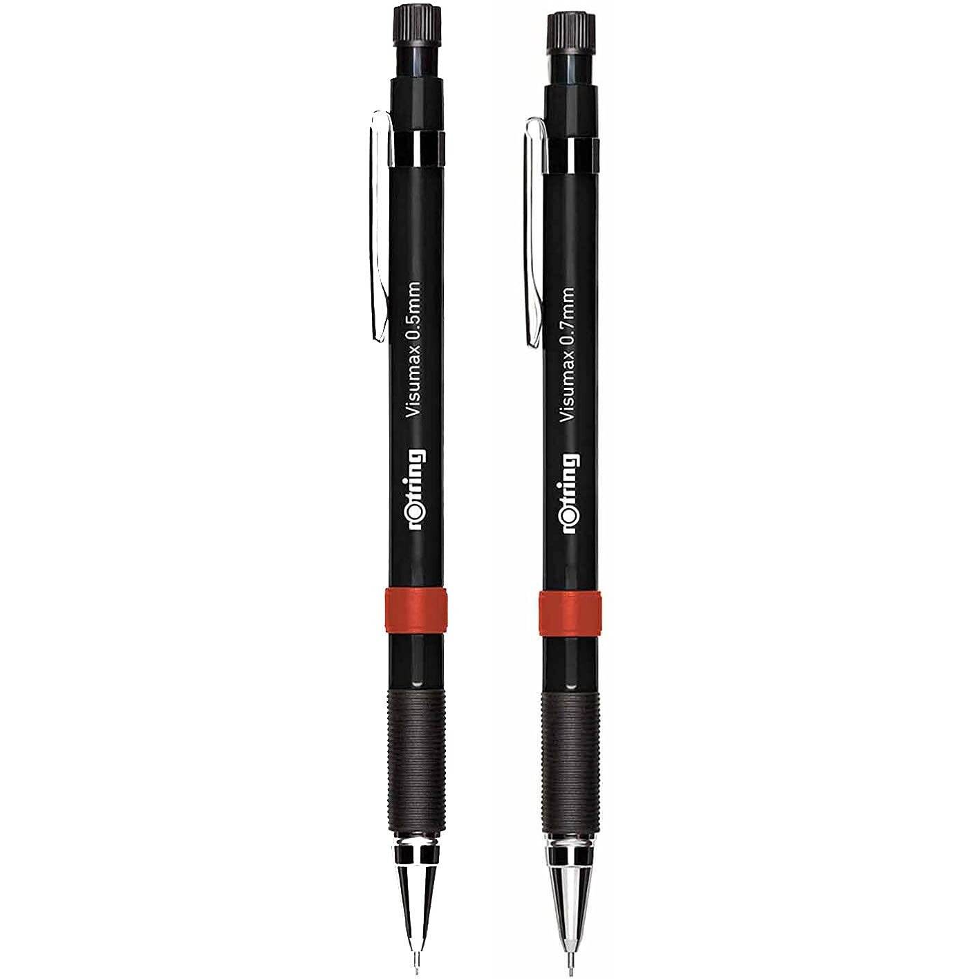 Rotring Visumax 0.5Mm & 0.7Mm Mechanical Pencils, Abs Plastic Body, Lightweight, Concealed Twist Eraser At Top - Total 2 Pieces (Black)