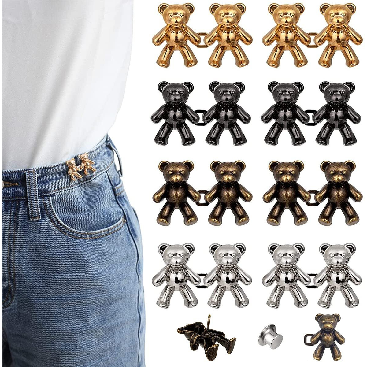 Sannidhi 8 Pairs Instant Jeans Button Cute Bear Pins, Detachable Adjustable Waist Buckle For Loose Jeans, Skirt Pants Waist Adjuster Tightener