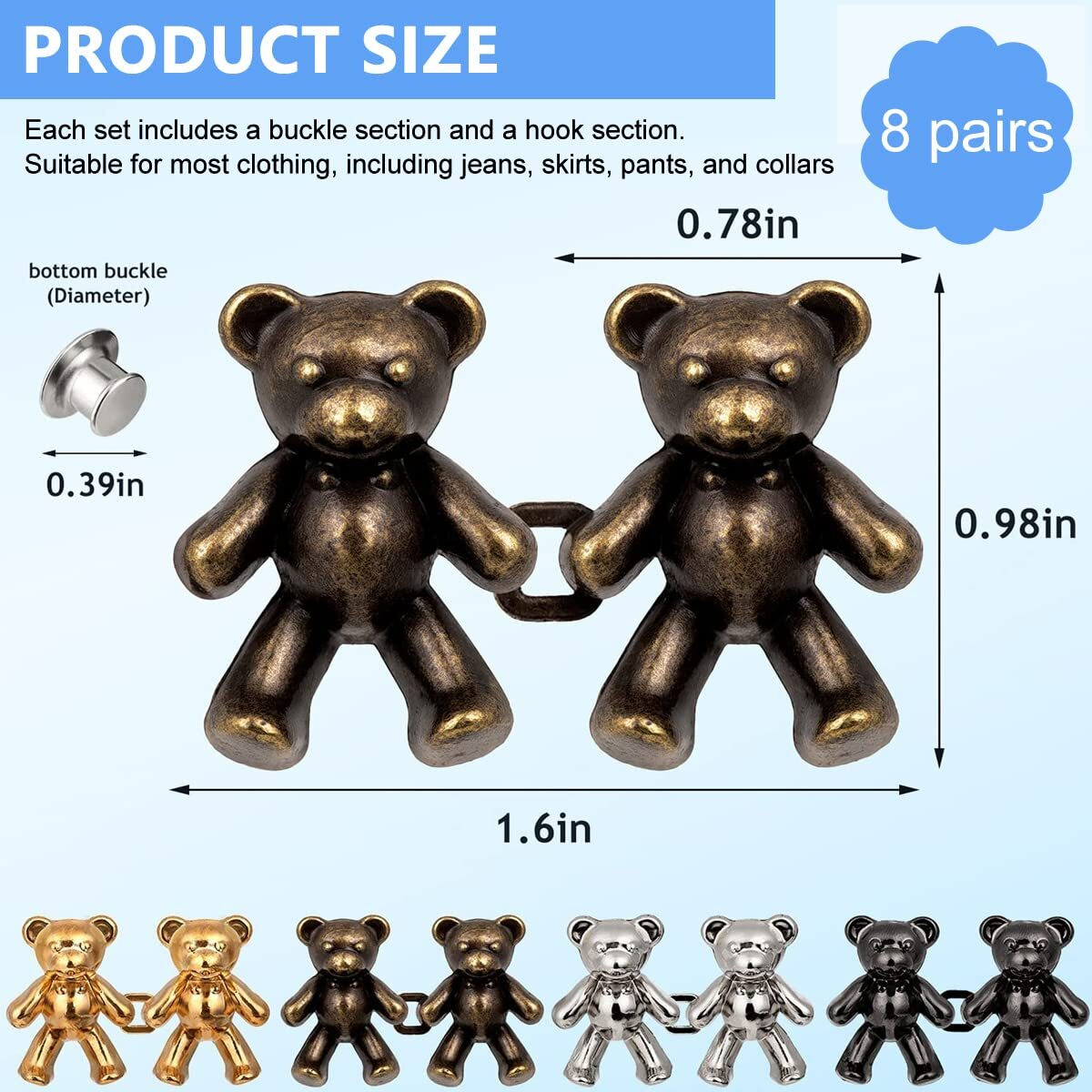 Sannidhi 8 Pairs Instant Jeans Button Cute Bear Pins, Detachable Adjustable Waist Buckle For Loose Jeans, Skirt Pants Waist Adjuster Tightener