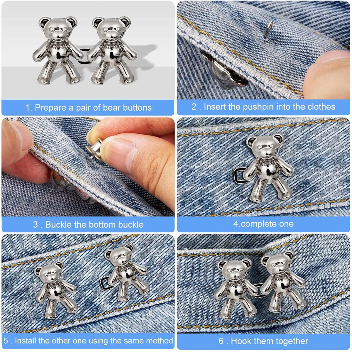 Sannidhi 8 Pairs Instant Jeans Button Cute Bear Pins, Detachable Adjustable Waist Buckle For Loose Jeans, Skirt Pants Waist Adjuster Tightener