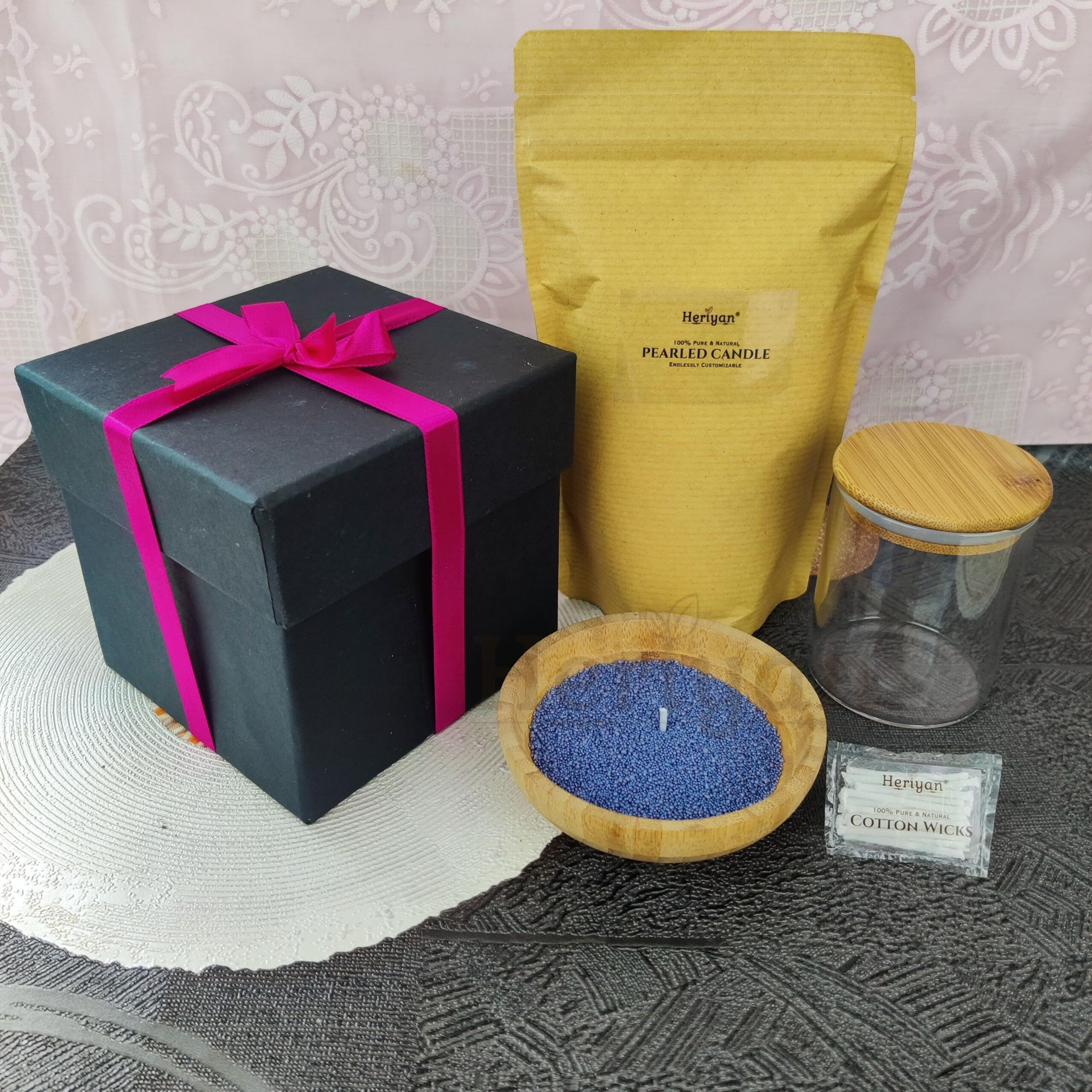 Heriyan Scented, Colored Pearl Candle Round Glass Jar Gift Set | Refillable Candle Color Sand Wax, Pearl Wax With Cotton Wicks For Candle Making (Lavender)