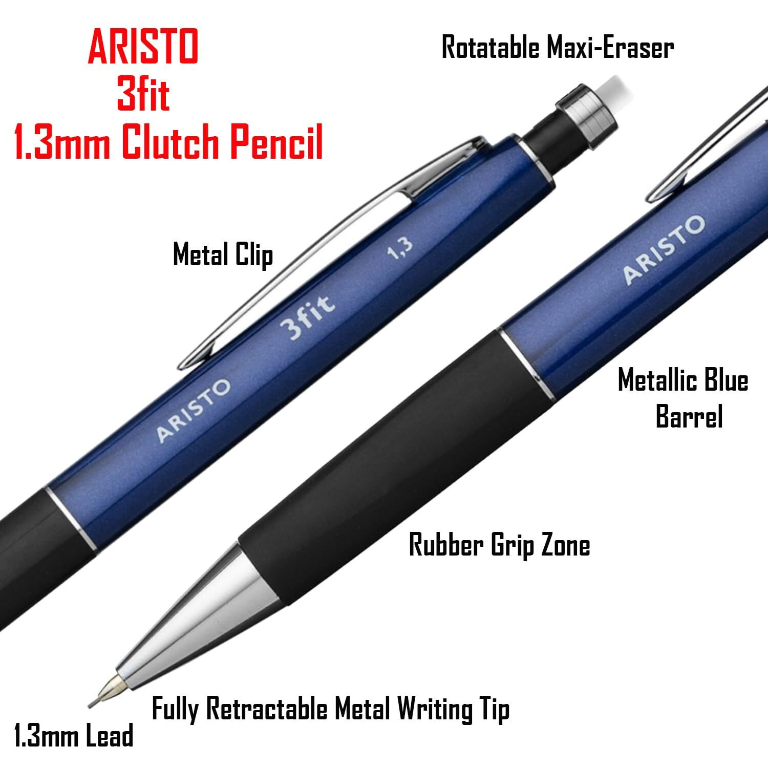 Aristo 3Fit 1.3Mm Blue Clutch Mechanical Fine Lead Pen Pencil Triangular Grip For Smooth Writing Drawing Doodling Sketching Office Designers Artists Professional