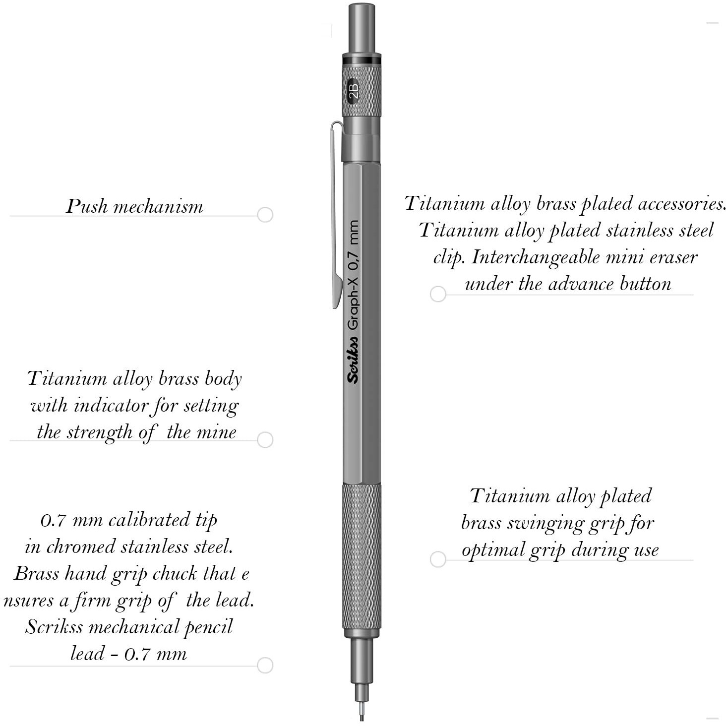 Scrikss 0.7Mm Mechanical Clutch Lead Pen Pencil Satin Grey Brass Body Push Mechanism Graph-X Series Eraser Included
