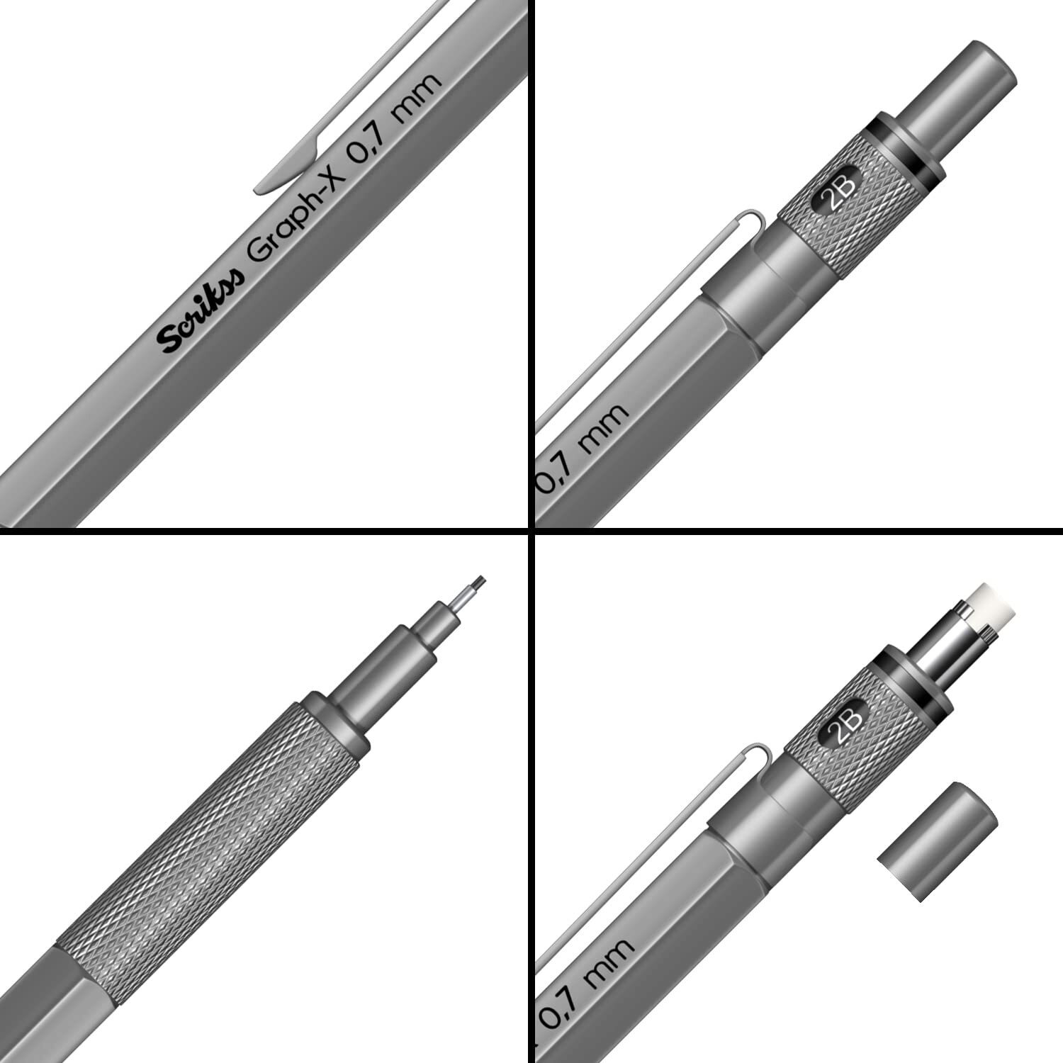 Scrikss 0.7Mm Mechanical Clutch Lead Pen Pencil Satin Grey Brass Body Push Mechanism Graph-X Series Eraser Included