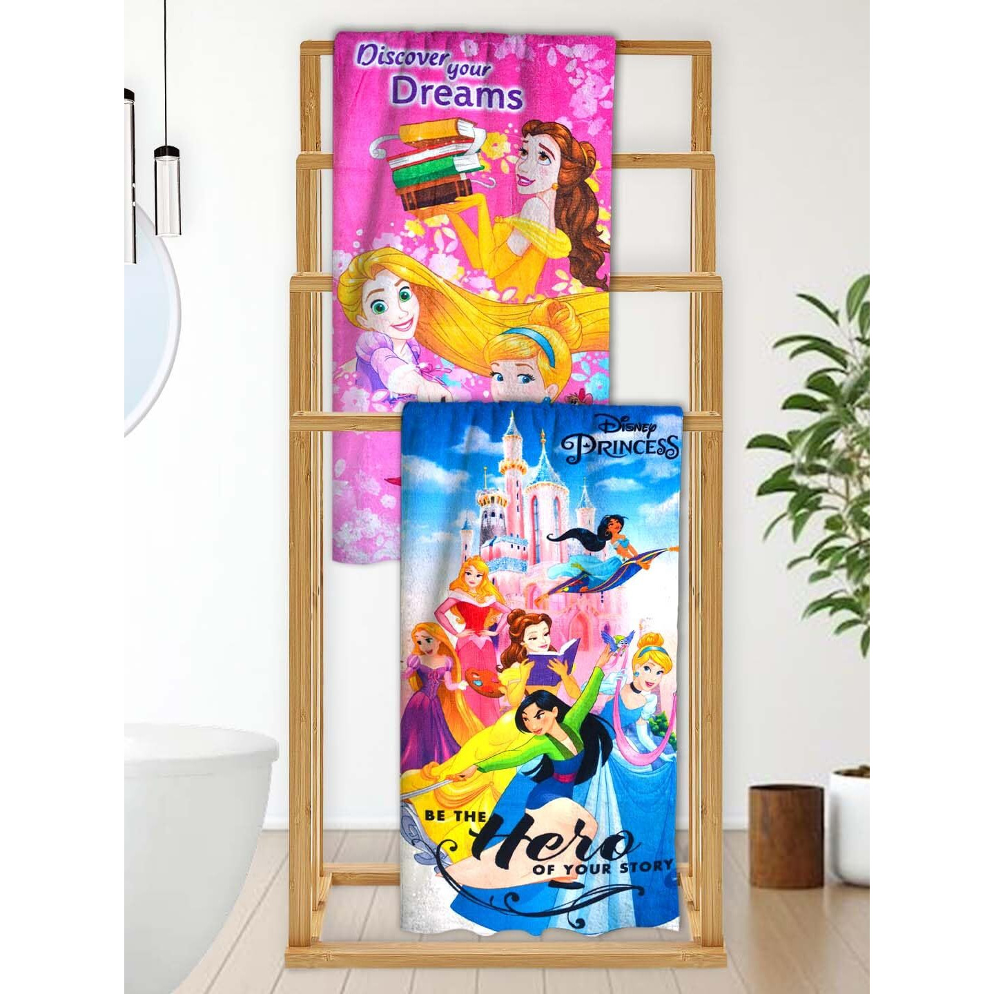 Athom Living Disney Princess Kids Bath Towel, 60X120Cm, 350 Gsm, Soft & Absorbent, Multicolor, Perfect For Boys And Girls, Fun & Vibrant Design, Pack Of 2