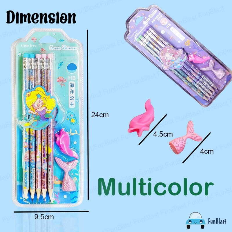 Funblast Stylish Pencils Stationary Kit - Pencil Set With Erasers And Pencil Cap For Kids, Boys And Girls, Birthday Return Gift Stationary Set (Combo)