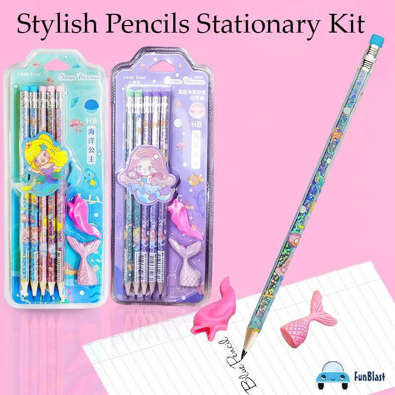 Funblast Stylish Pencils Stationary Kit - Pencil Set With Erasers And Pencil Cap For Kids, Boys And Girls, Birthday Return Gift Stationary Set (Combo)