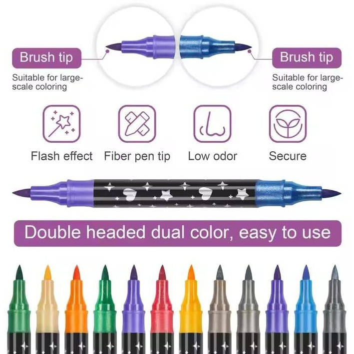 Amitasha 24 Color Shades Art Marker Glitter Brush Pen Set Soft Dual Tip Water-Based Shimmer Colors Sketch Pen For Kids Adults Diy Greeting Birthday Cards Scrapbook (12 Pen  24 Colours)