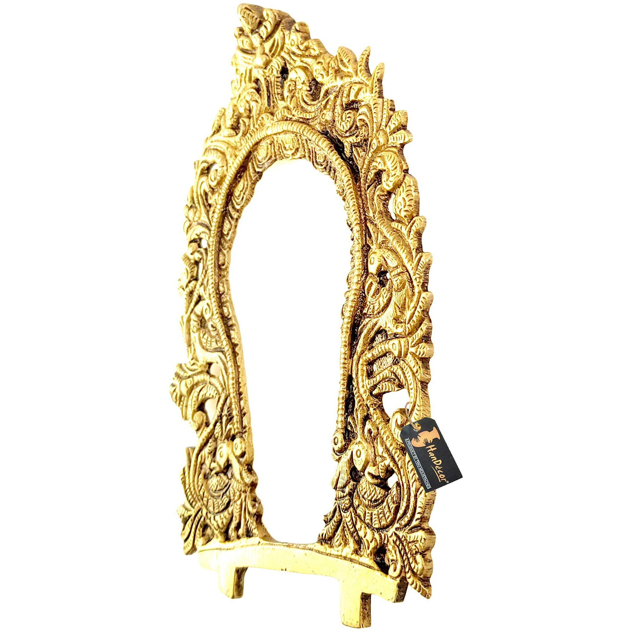 Two Moustaches Ethnic Carved Peacock Design Prabhavali Frame Brass Wall Hanging (Golden)