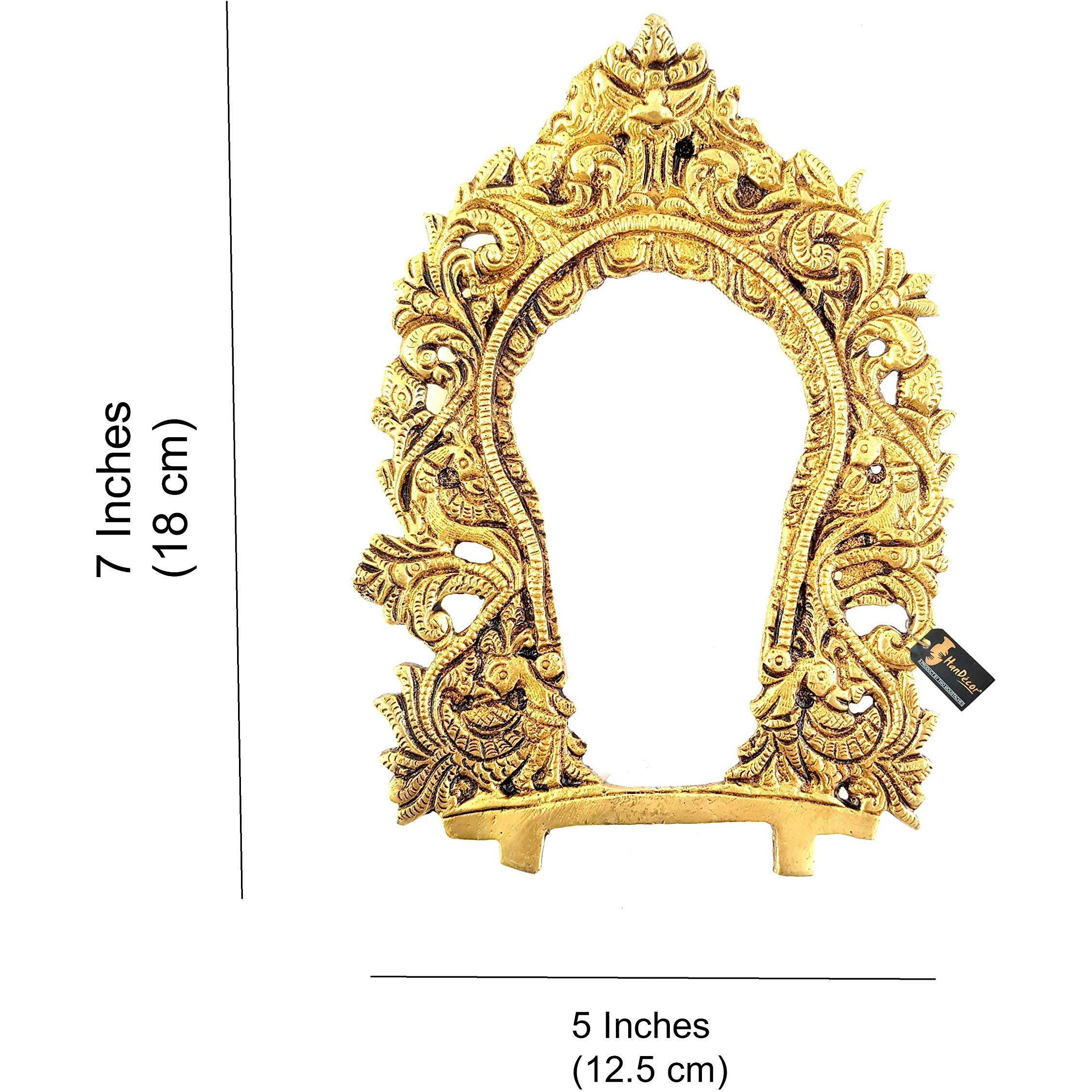 Two Moustaches Ethnic Carved Peacock Design Prabhavali Frame Brass Wall Hanging (Golden)