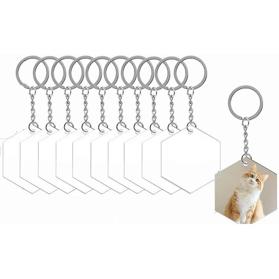 Maitri Acrylic Discs Keychains Kit With Acrylic Transparent Circle Hexagon Shape Discs, Ring With Chain, Open Rings For Diy Keychain Pieces-(20)