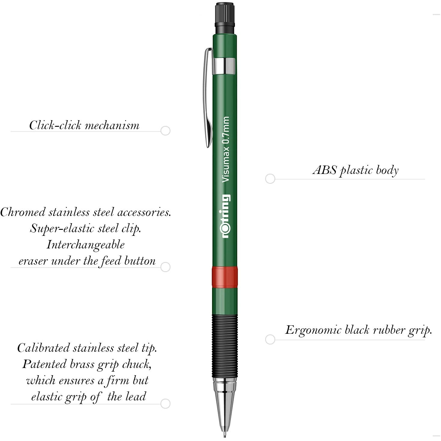 Rotring Visumax 0.7Mm Mechanical Lead Pencil Lightweight Abs Plastic Dark Green Body Eraser Included At Top