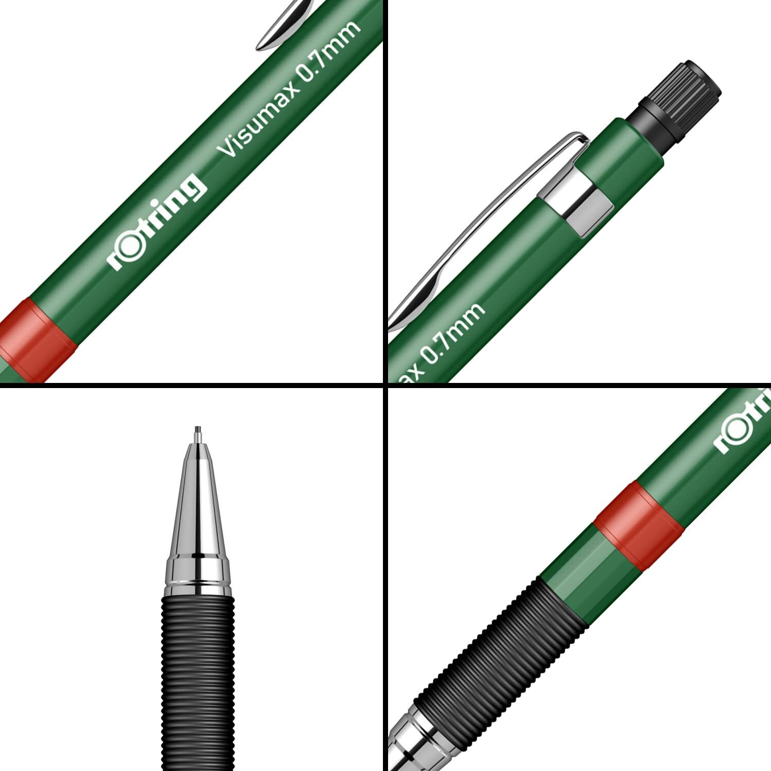Rotring Visumax 0.7Mm Mechanical Lead Pencil Lightweight Abs Plastic Dark Green Body Eraser Included At Top