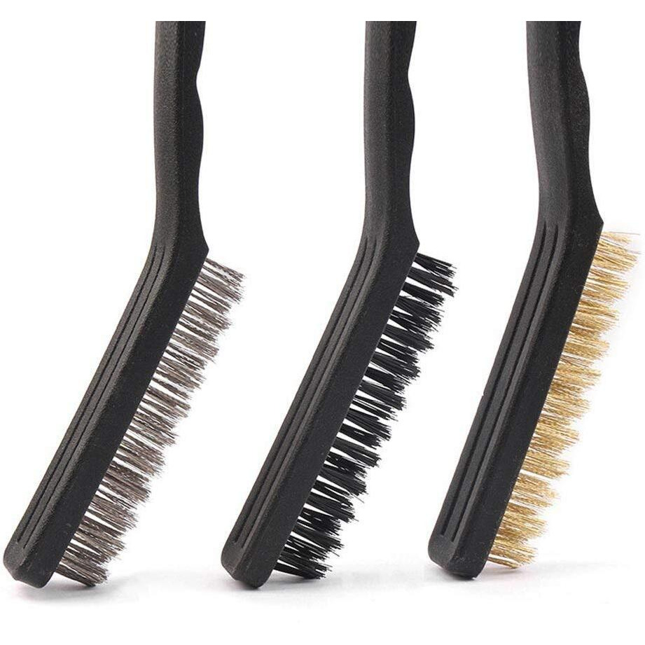 Aasons Wire Brush Assorted Set Of 3, Brass/Nylon/Stainless Steel Bristles Household Cleaning Brush For Stove Burner Tiles Taps, Pvc Handle, Angled Head To Reach Difficult Spaces (Big)