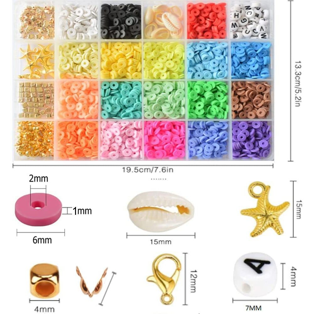 Kiyana Clay Heishi Beads For Bracelet Making Kit, 24 Colors Flat Round Polymer Clay Beads 6Mm Spacer Beads With Pendant Charms Kit For Jewelry Making Kit Bracelets Necklace (3828)