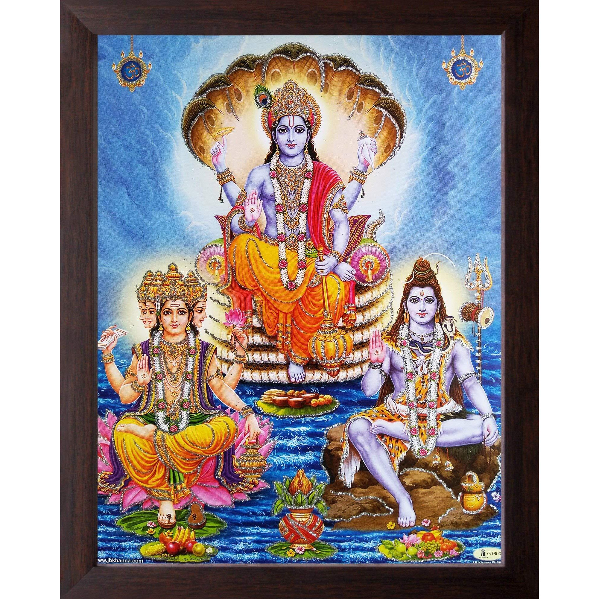 Art N Store Lord Brahma Vishnu And Mahesh, Hd Printed Religious & Decor Picture With Frame (30 X 23 X 1.5 Cm_ Brown Wood)