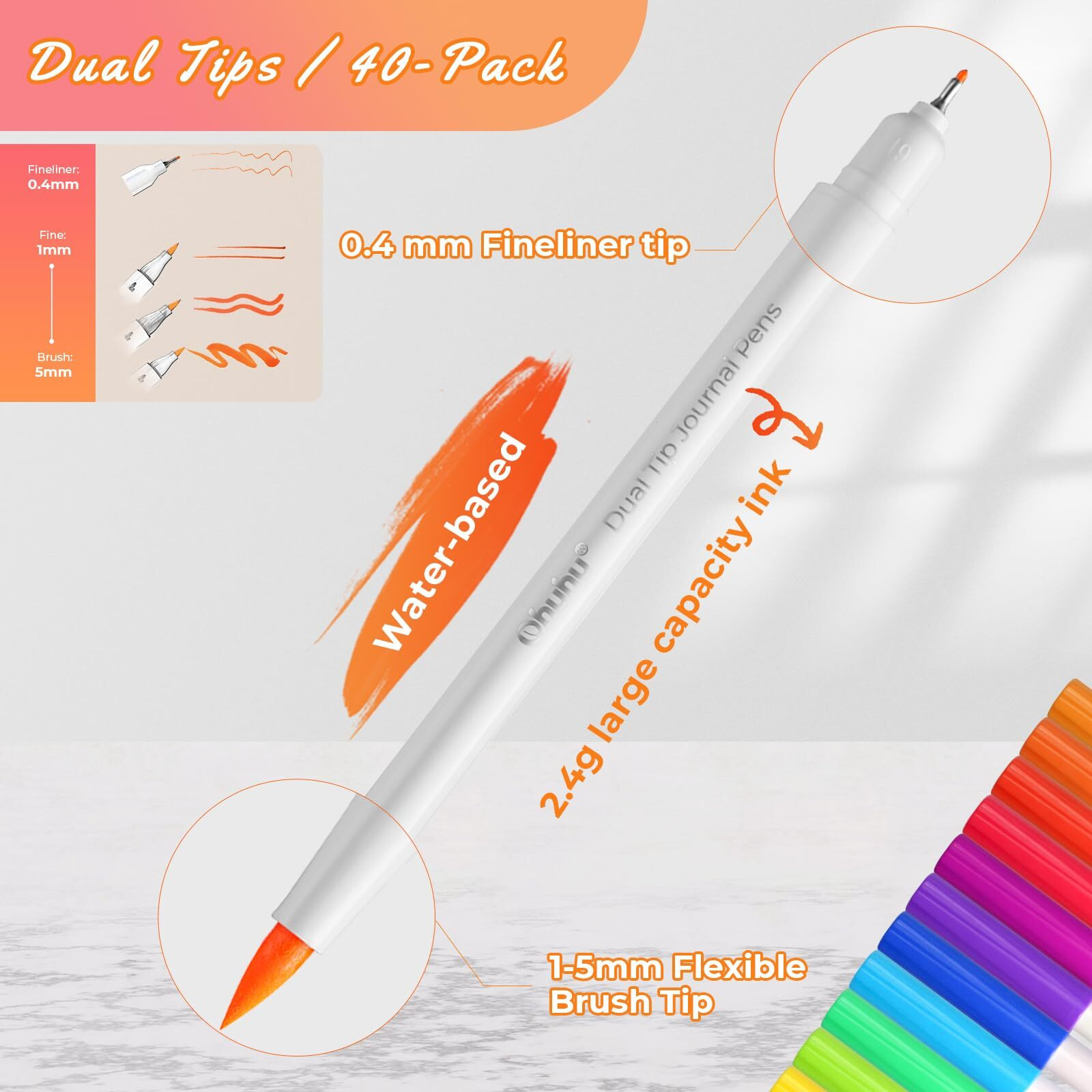Ohuhu 40-Colour Sketch Pen Set - Dual Tip Brush & Fineliner Pens, Water-Based, For Kids & Adults Coloring, Calligraphy & Drawing, Multicolor