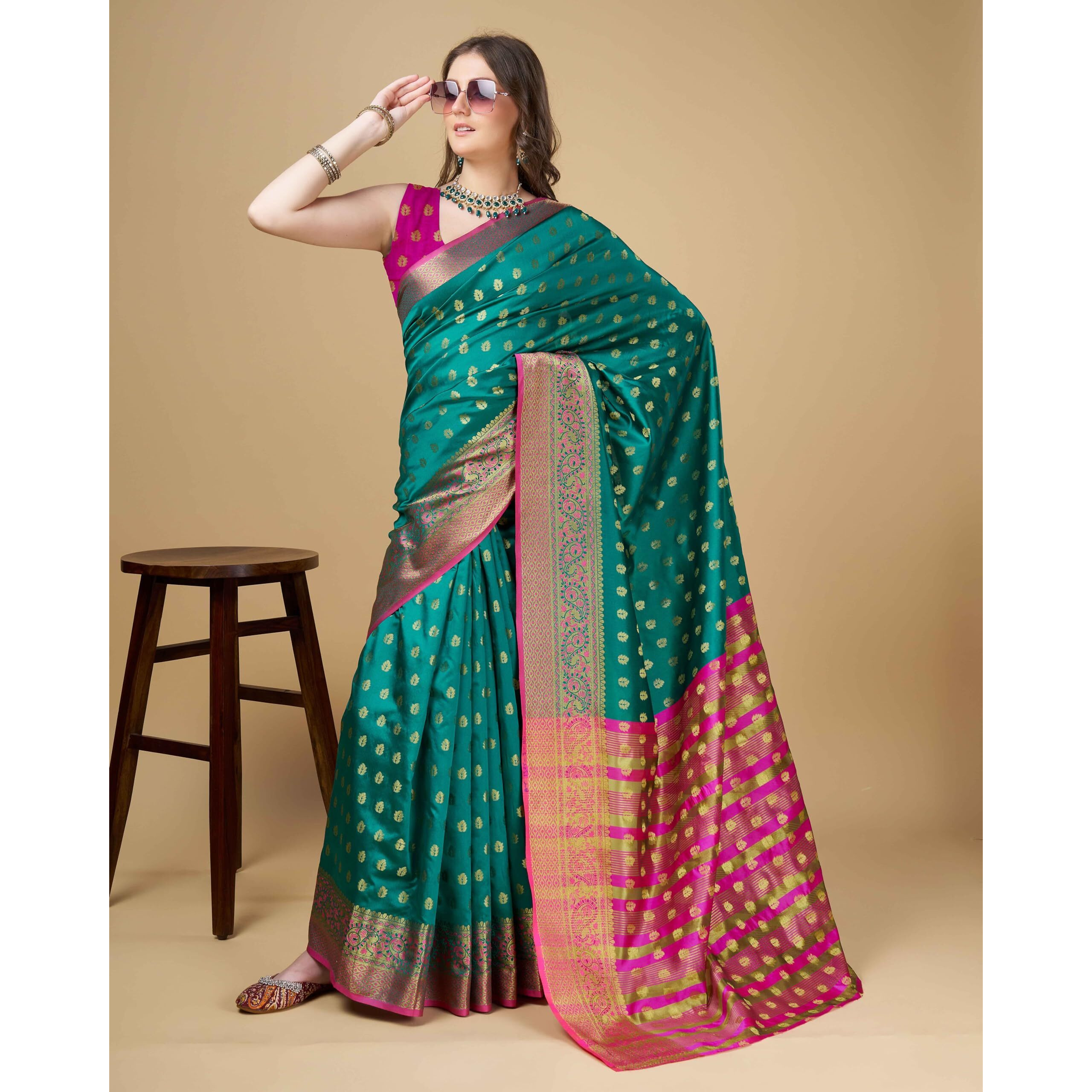 Sugathari Womens Banarasi Saree Pure Kanjivaram Silk Saree Soft New Ladies 2023 Design Wear Pattu Sarees Latest Cotton Party Sari Collections With Blouse Piece For Wedding Sadi (Sam Pari S-6 Rama)