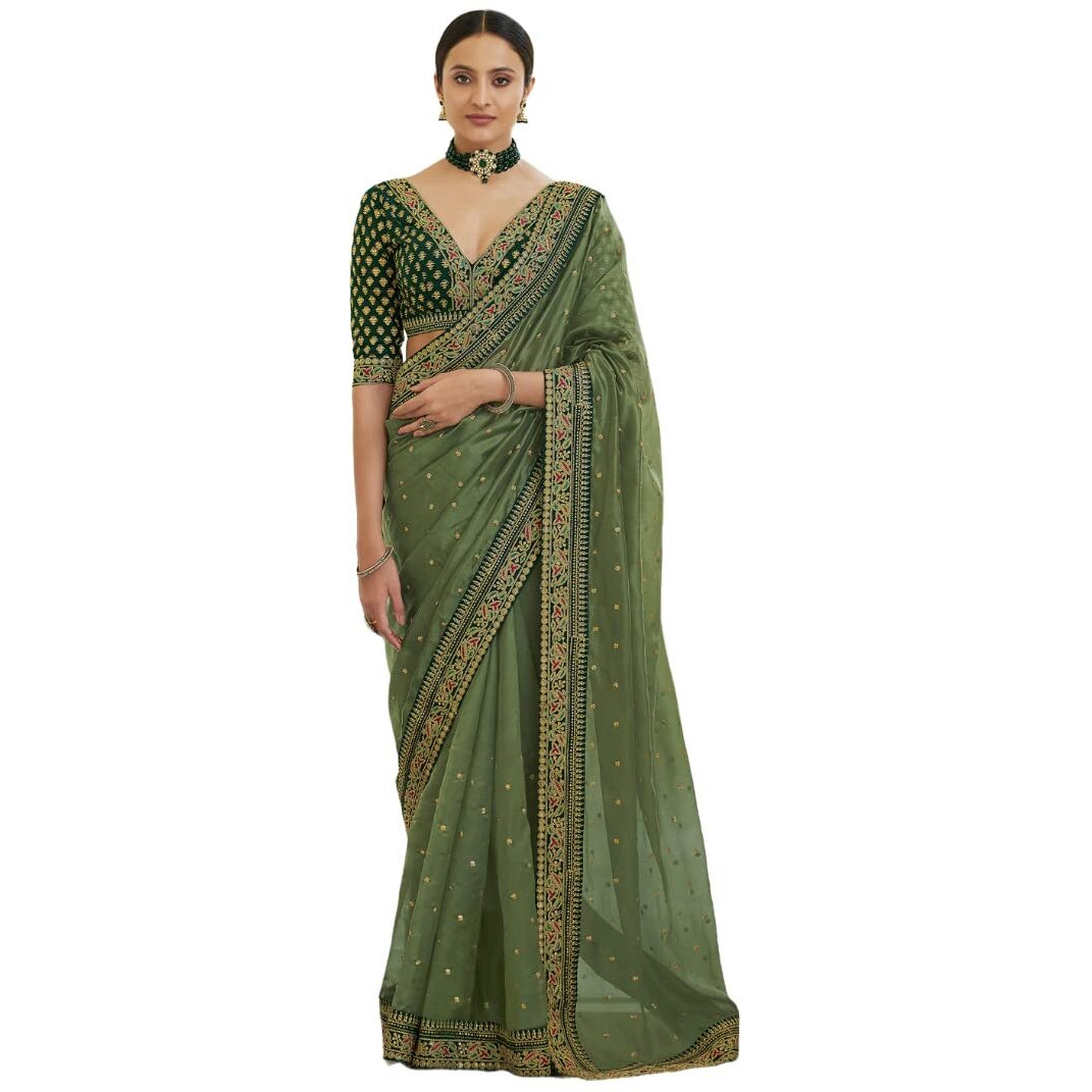 Fashion Basket Womens Georgette Green Saree With Blouse Piece