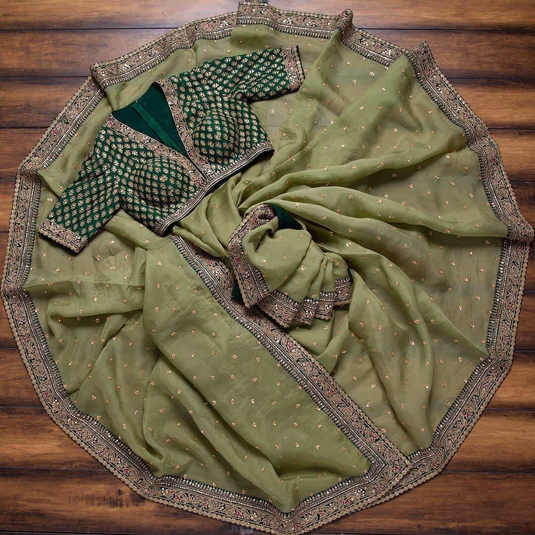 Fashion Basket Womens Georgette Green Saree With Blouse Piece