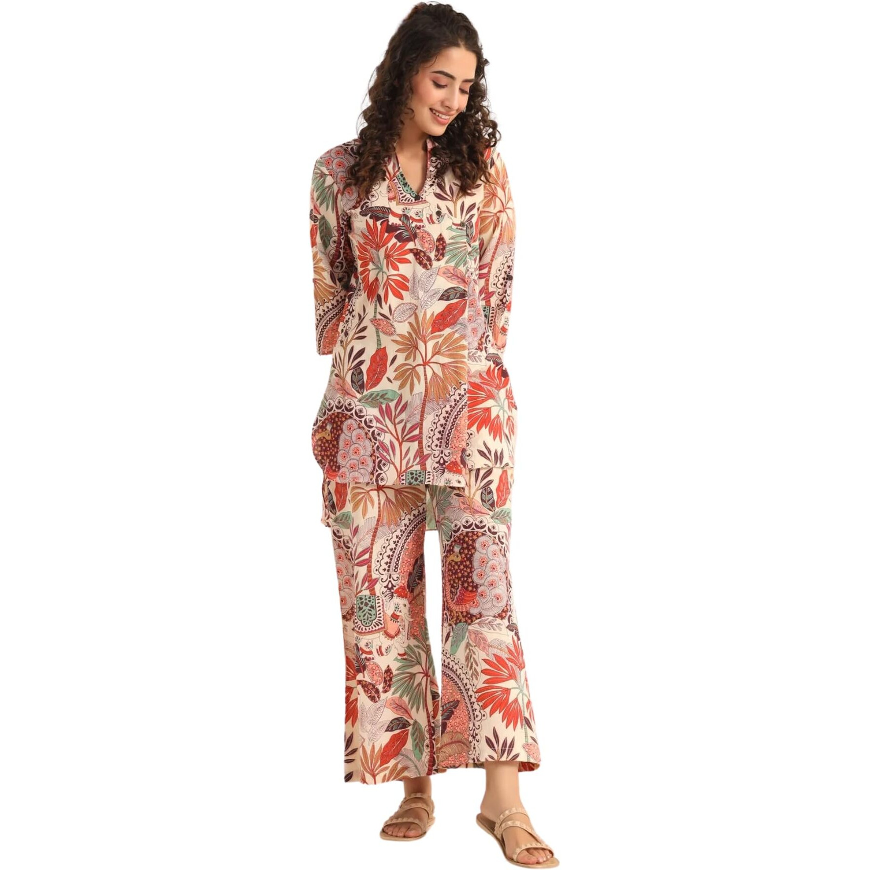 Leriya Fashion Women Ethnic Kurta Set | Rayon Co-Ord Set | Fancy Pajama Set | Pack Of 2 | Floral Printed Top & Pant Set | Full Pair Set | A-Line Kurta Set (Large, Multicolor) Lf-K-W1855&Tr912