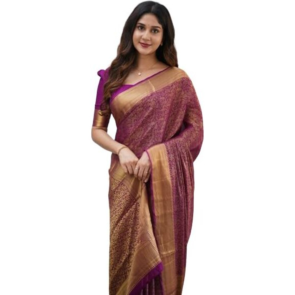 Flosive Womens Kanjivaram Silk Saree With Handloom Weaving Work With Blouse (Wine)