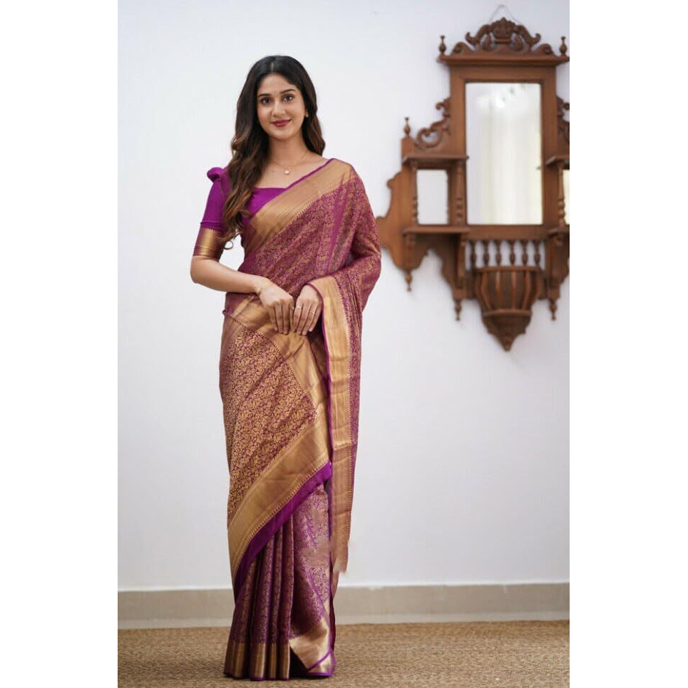 Flosive Womens Kanjivaram Silk Saree With Handloom Weaving Work With Blouse (Wine)
