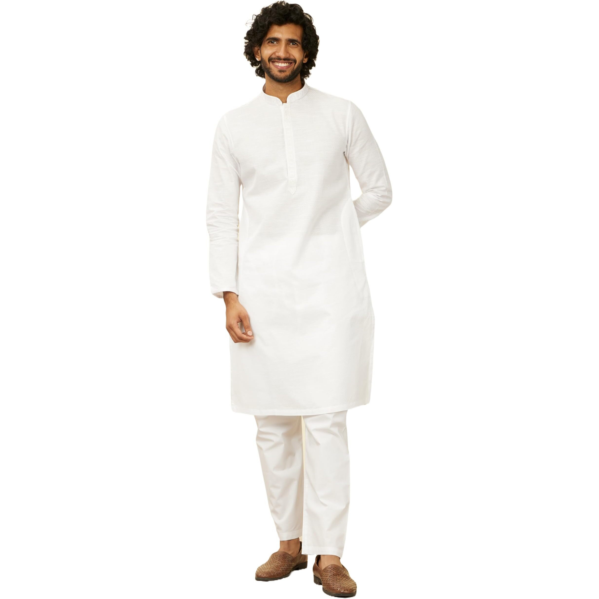 Manyavar Men's Cotton Self Design Kurta Pyjama Set - (White, X-Large)