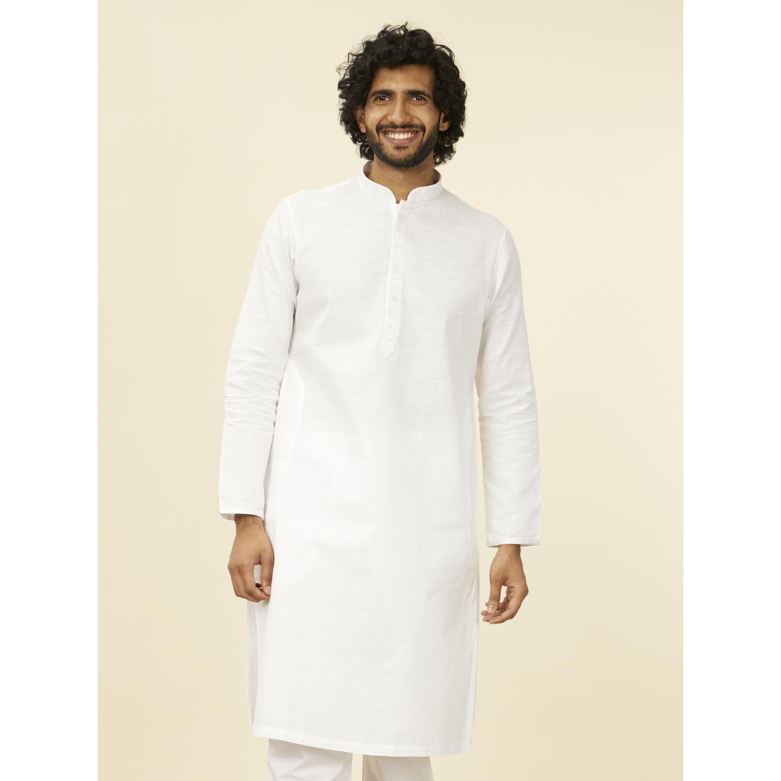 Manyavar Men's Cotton Self Design Kurta Pyjama Set - (White, X-Large)
