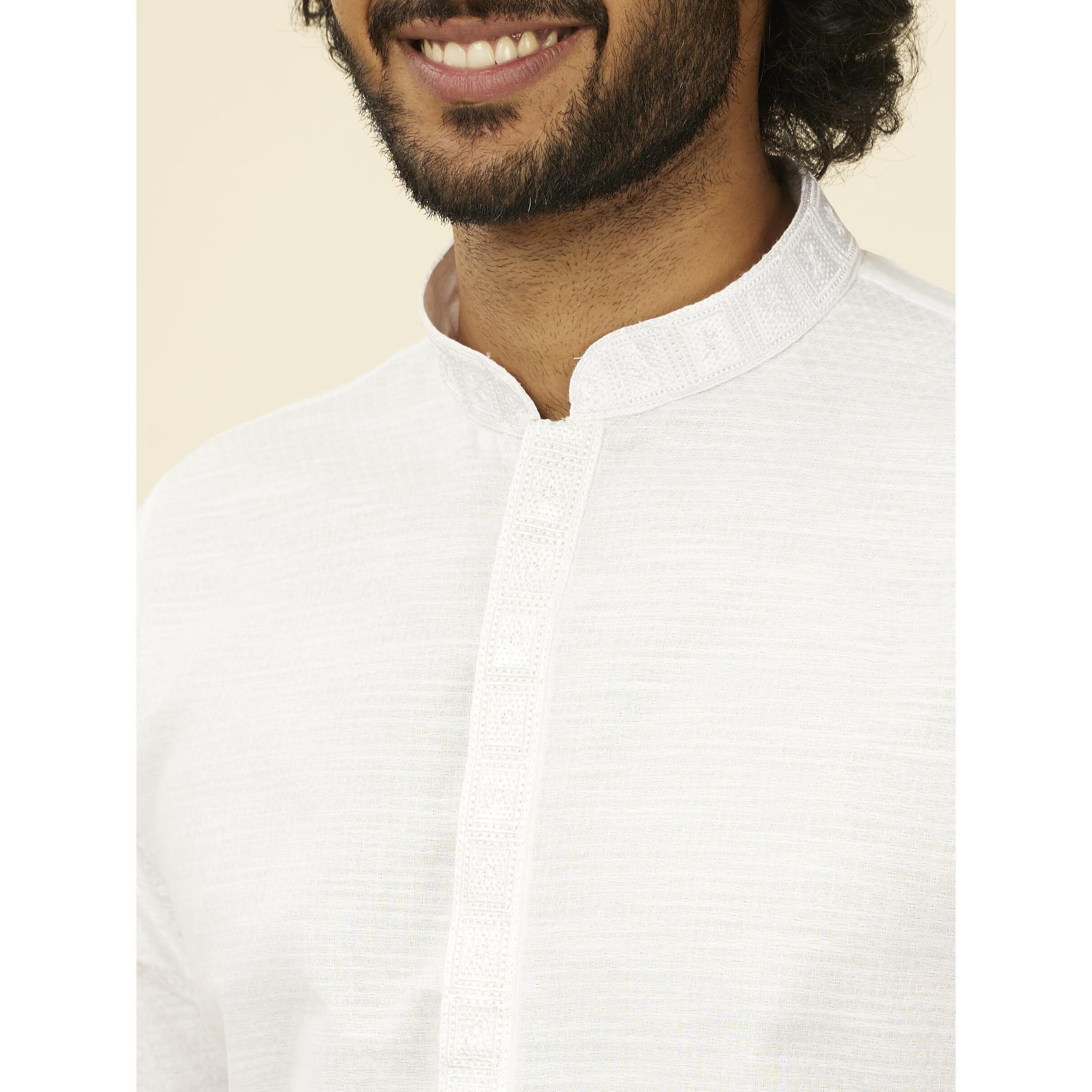 Manyavar Men's Cotton Self Design Kurta Pyjama Set - (White, X-Large)