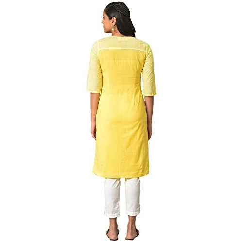 Aurelia Women's Cotton Regular Yellow Floral Printed V-Neck Kurta (23Fea13899-506697