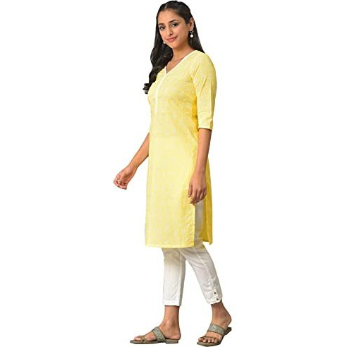 Aurelia Women's Cotton Regular Yellow Floral Printed V-Neck Kurta (23Fea13899-506697