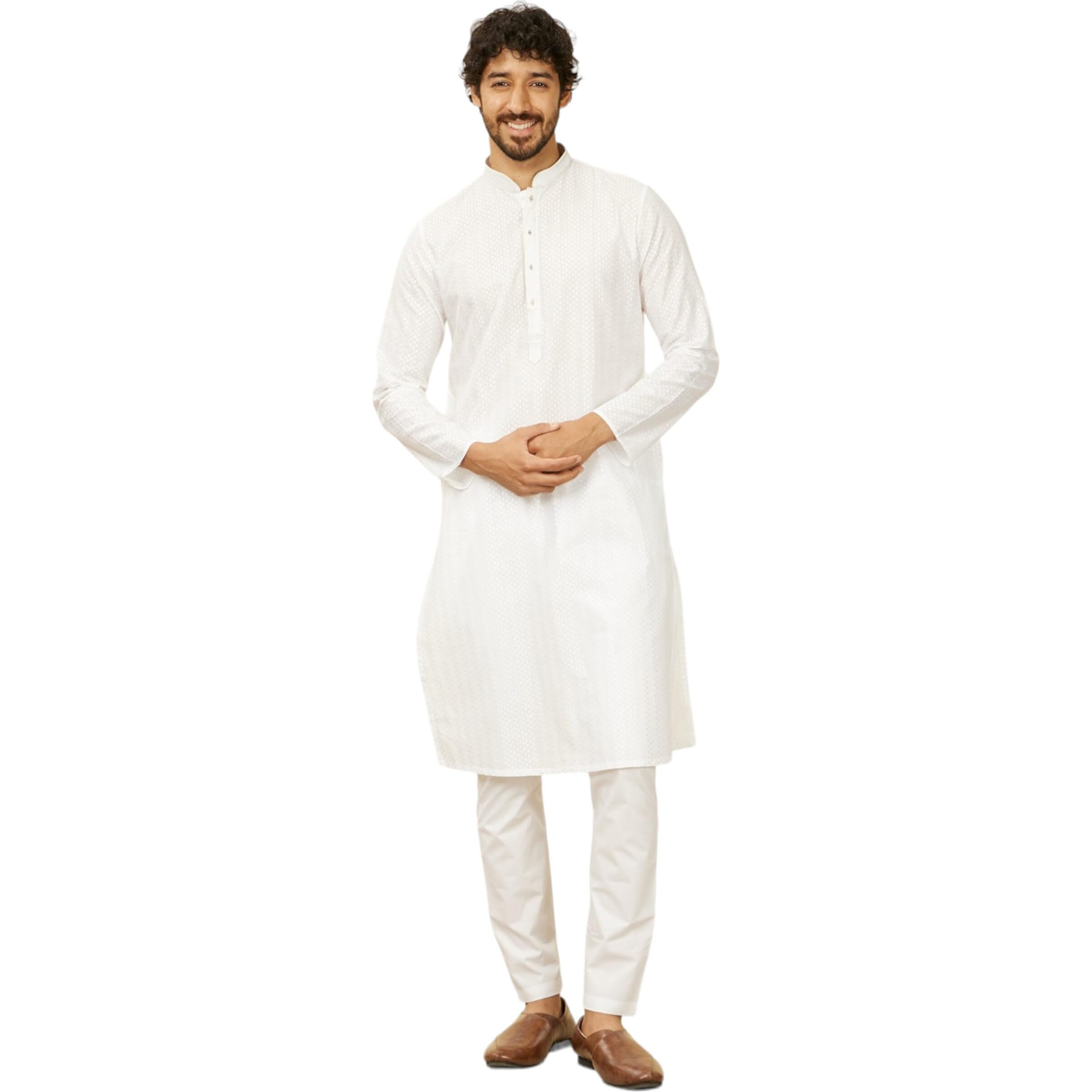 Manyavar White Cotton Embroidery|Zari Weave Kurta Pyjama Set For Men